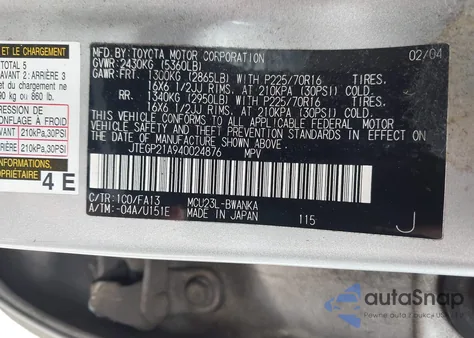 2004 Toyota Highlander Limited V6/V6 z USA, uszkodzony, nr VIN JTEGP21A940024876